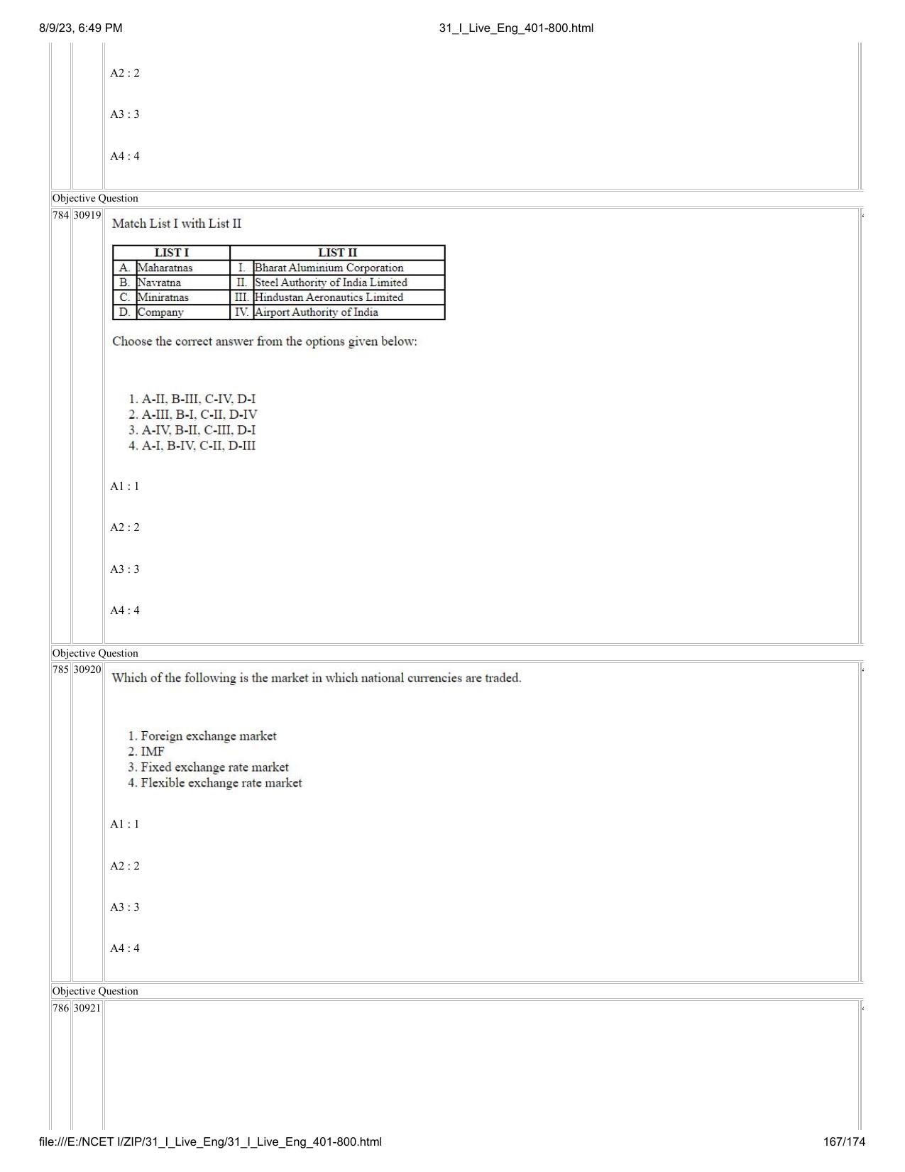 NCET 2023 Question Paper (English Q 401-800) - Page 167