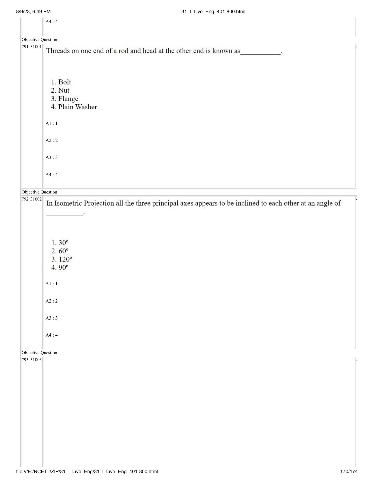 NCET 2023 Question Paper (English Q 401-800) - Page 170