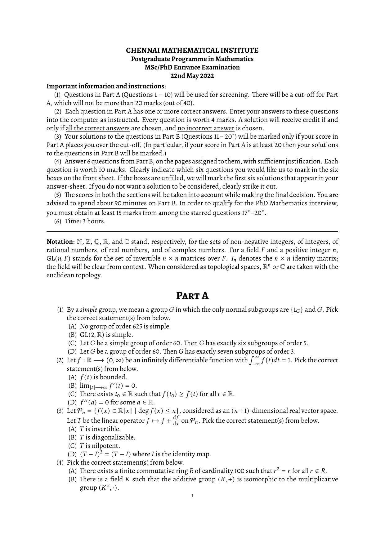 CMI Entrance Exam 2022 Question Paper MSc/PhD Mathematics - Page 1