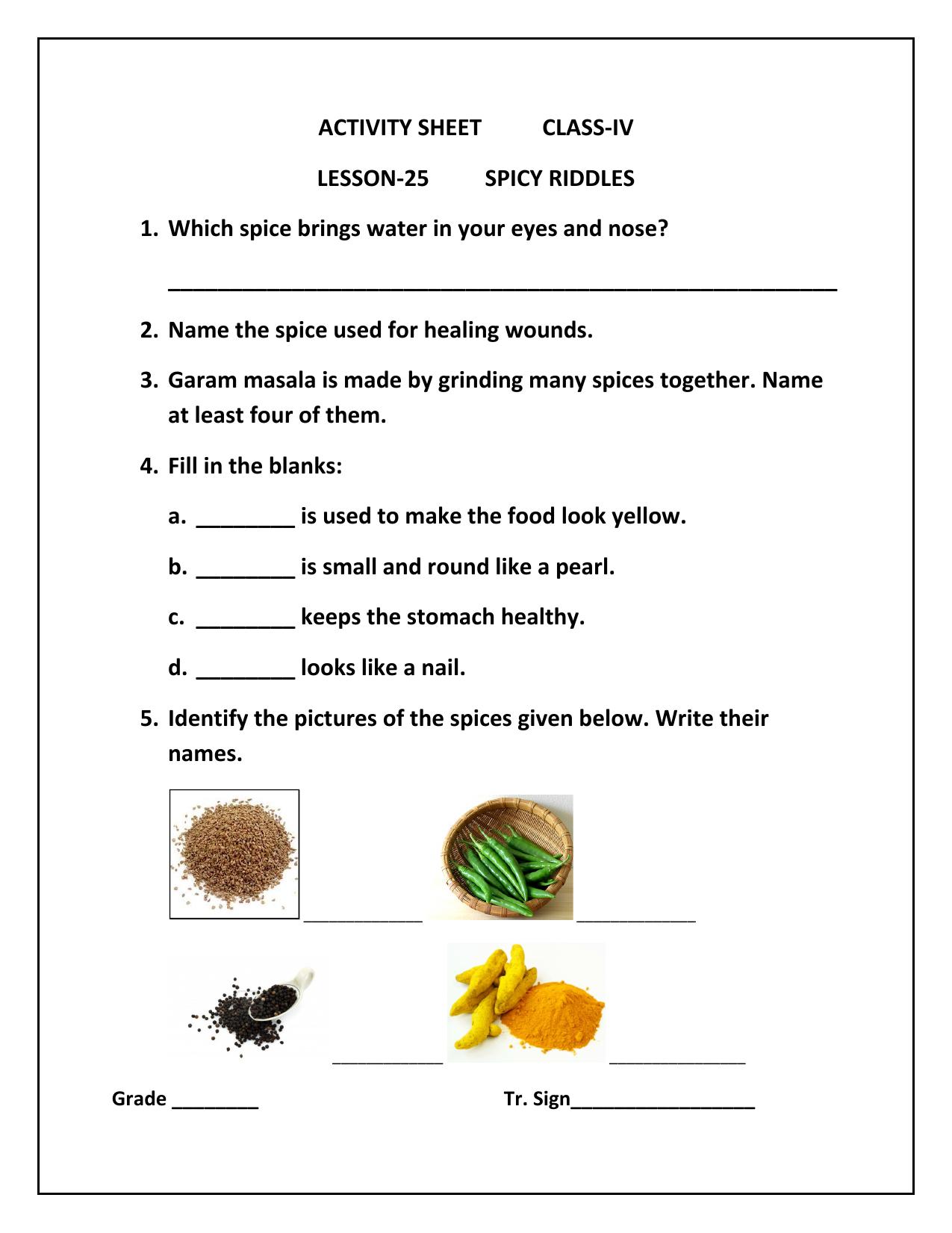 Worksheet for Class 4 Environmental Studies Spicy Riddles Assignment - Page 1