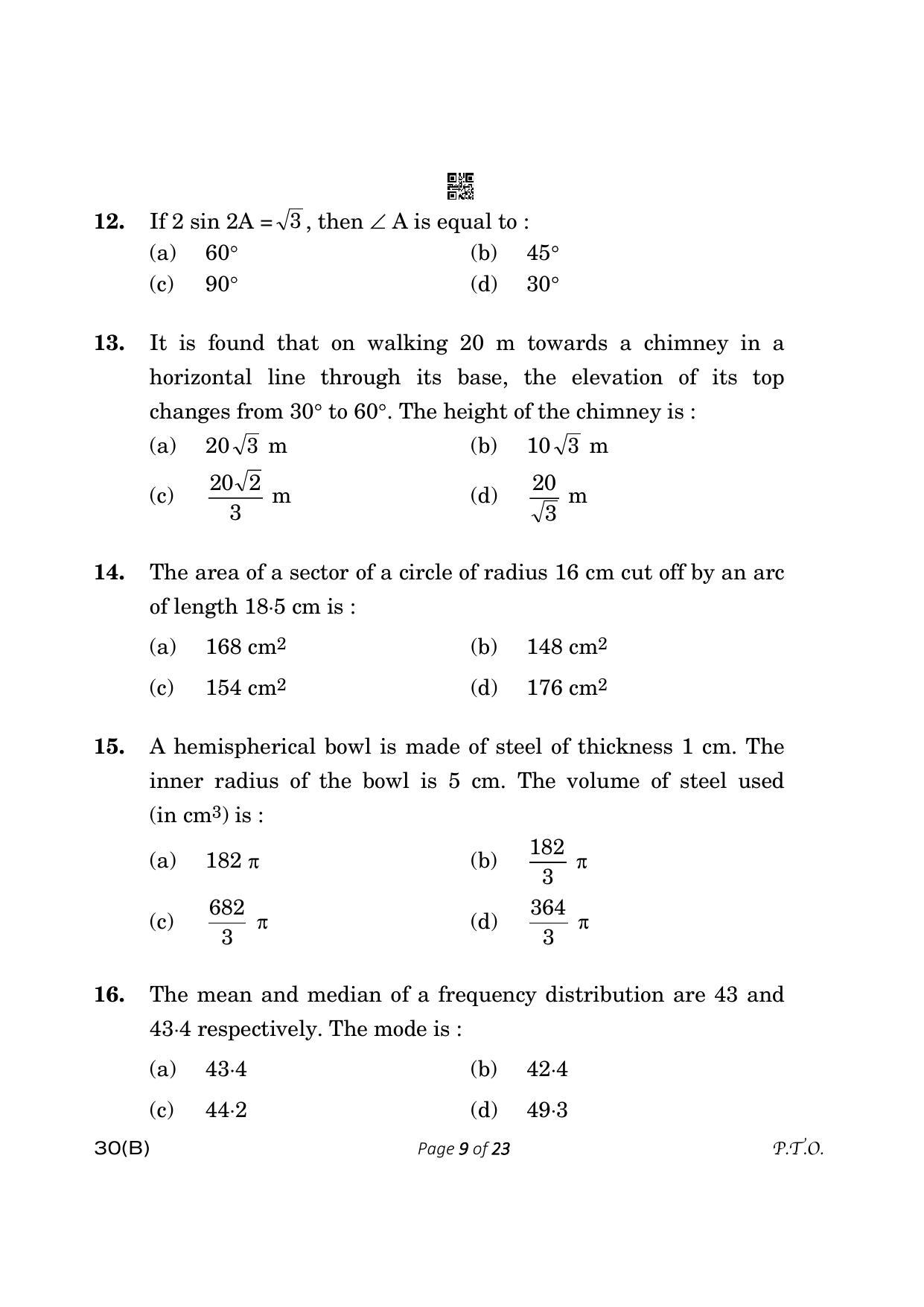 CBSE Class 10 30-B Maths Std. 2023 (Compartment) Question Paper - Page 9