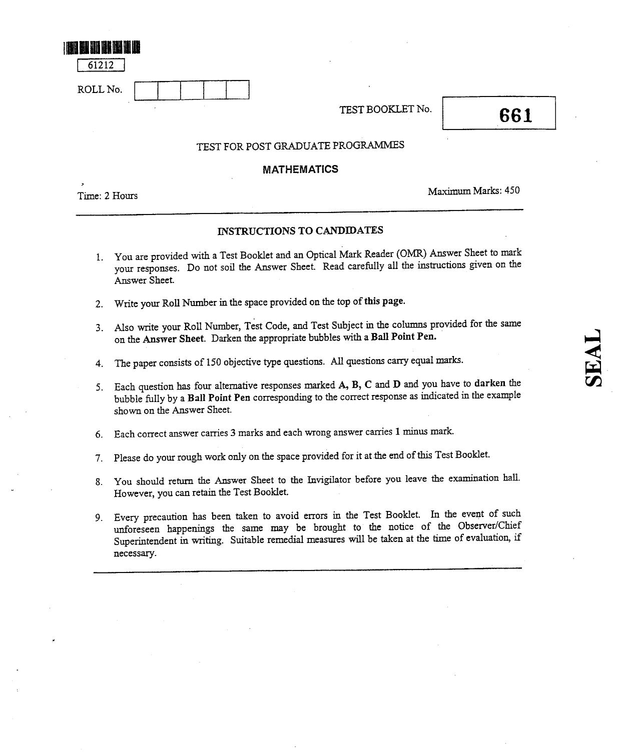 CUSAT CAT 2012 Mathematics Question Paper - Page 1
