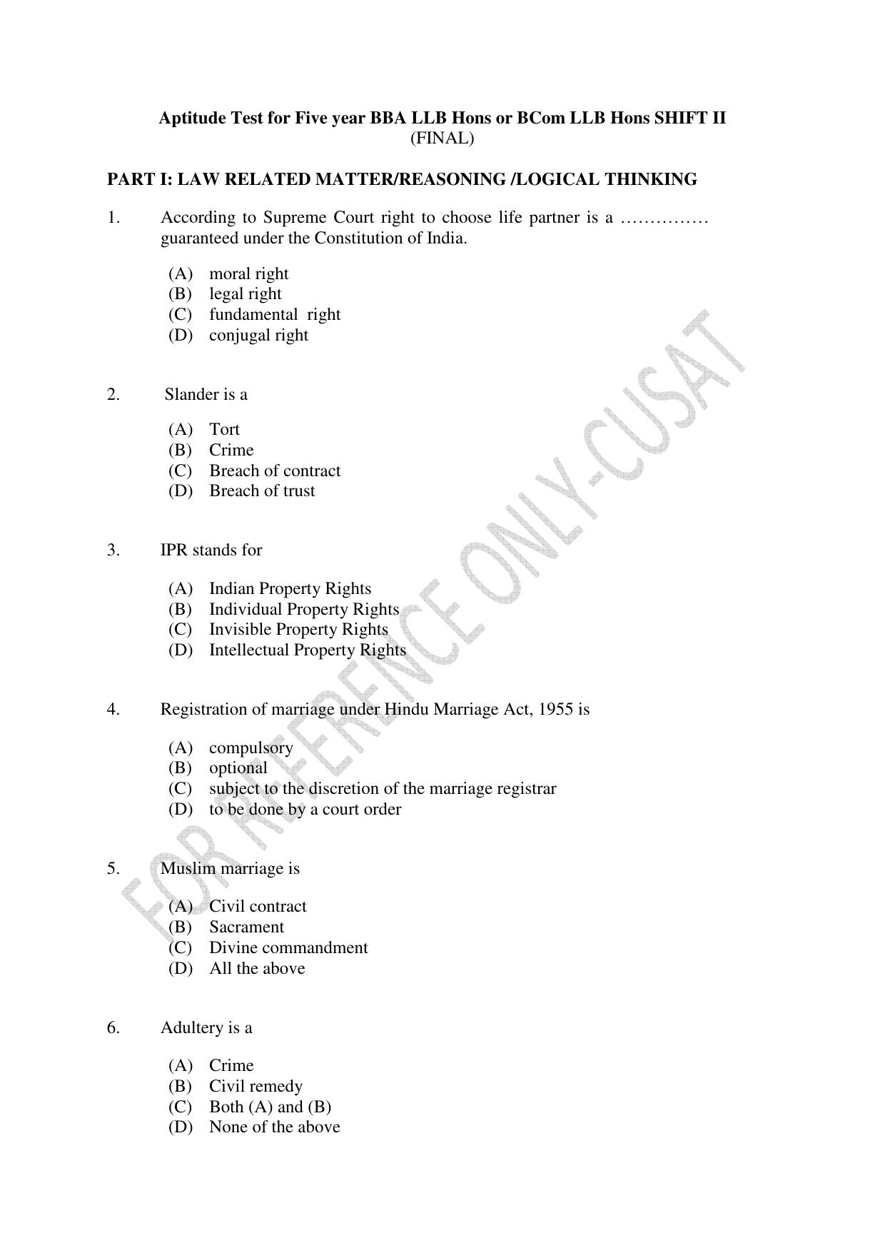 CUSAT CAT 2022 Aptitude Test for Five year BBA LLB Hons or BCom LLB Hons Second Shift Question Paper - Page 1