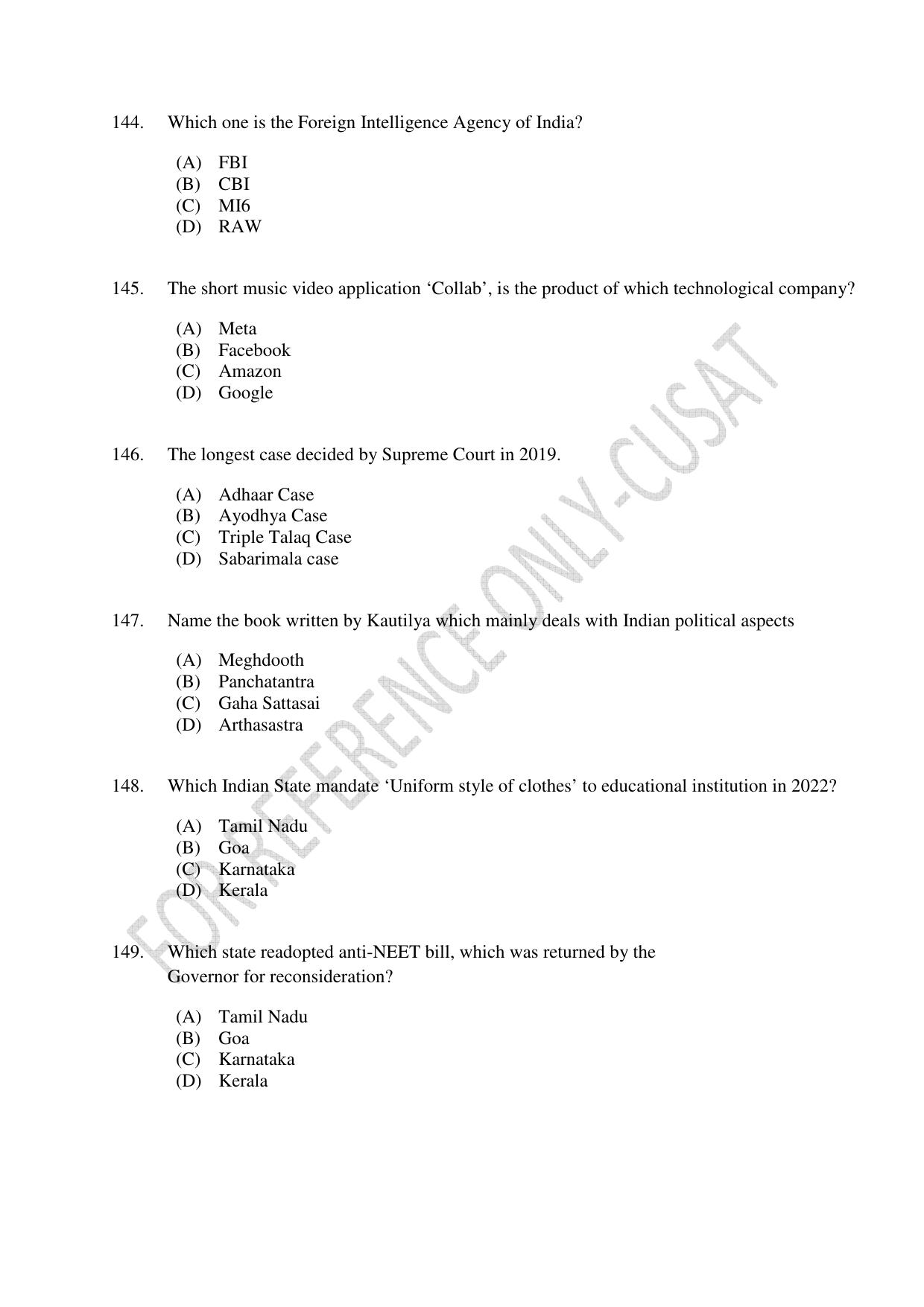 CUSAT CAT 2022 Aptitude Test for Five year BBA LLB Hons or BCom LLB Hons Second Shift Question Paper - Page 31