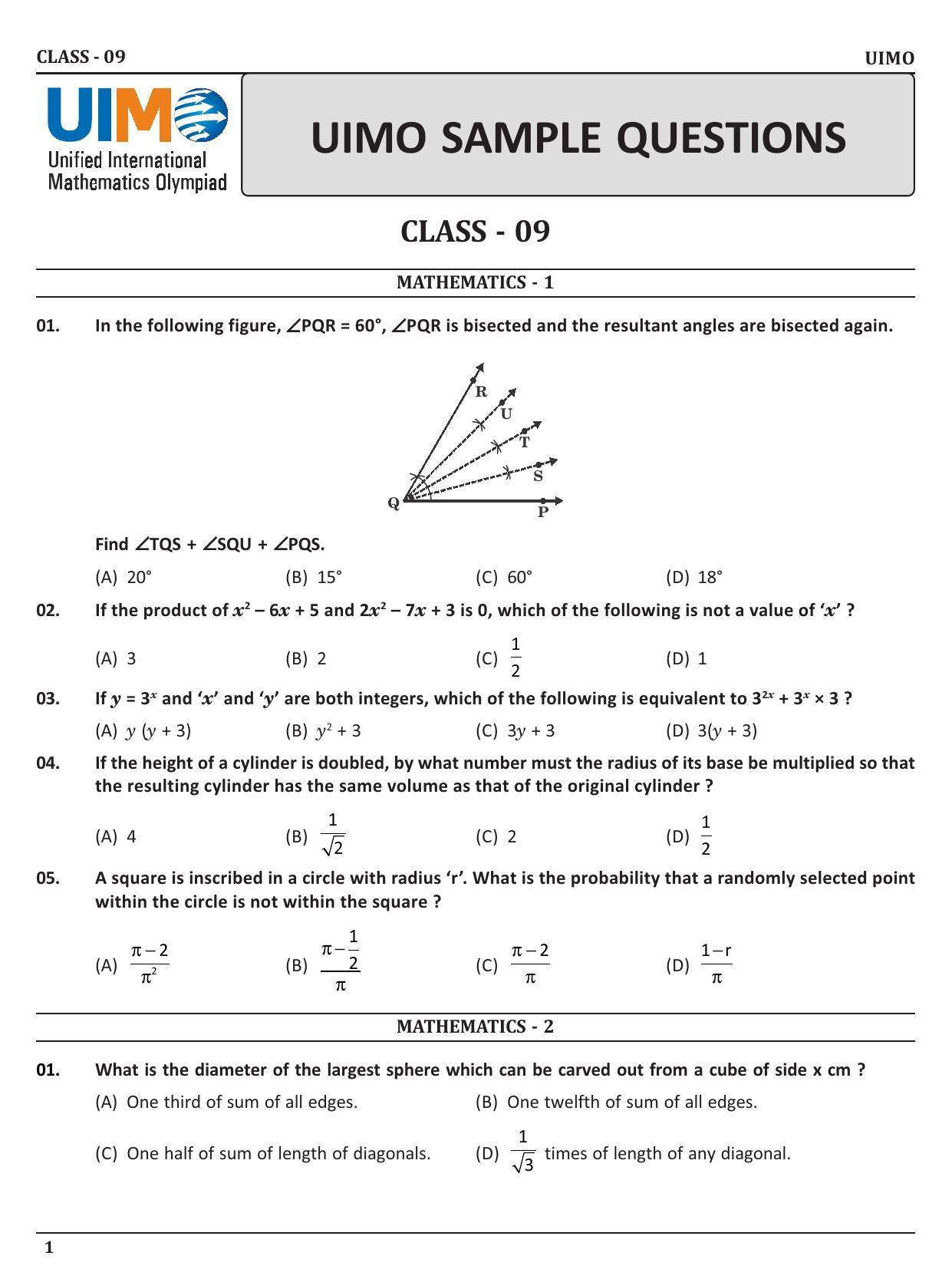 UIMO Class 9 2023 Sample Paper - Page 1