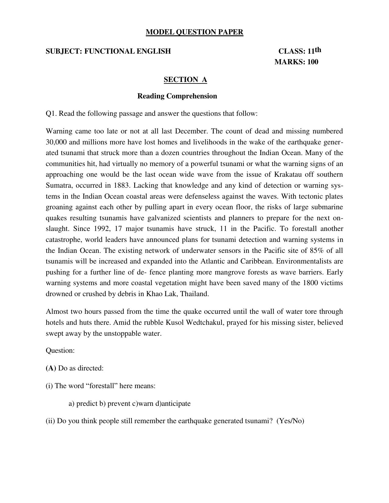 JKBOSE Class 11 FUNCTIONAL ENGLISH Model Question Paper - Page 1