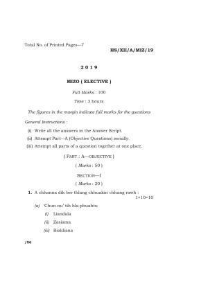 Meghalaya Board (MBOSE) Class 12 MIZO ( ELECTIVE ) 2019 Question Paper