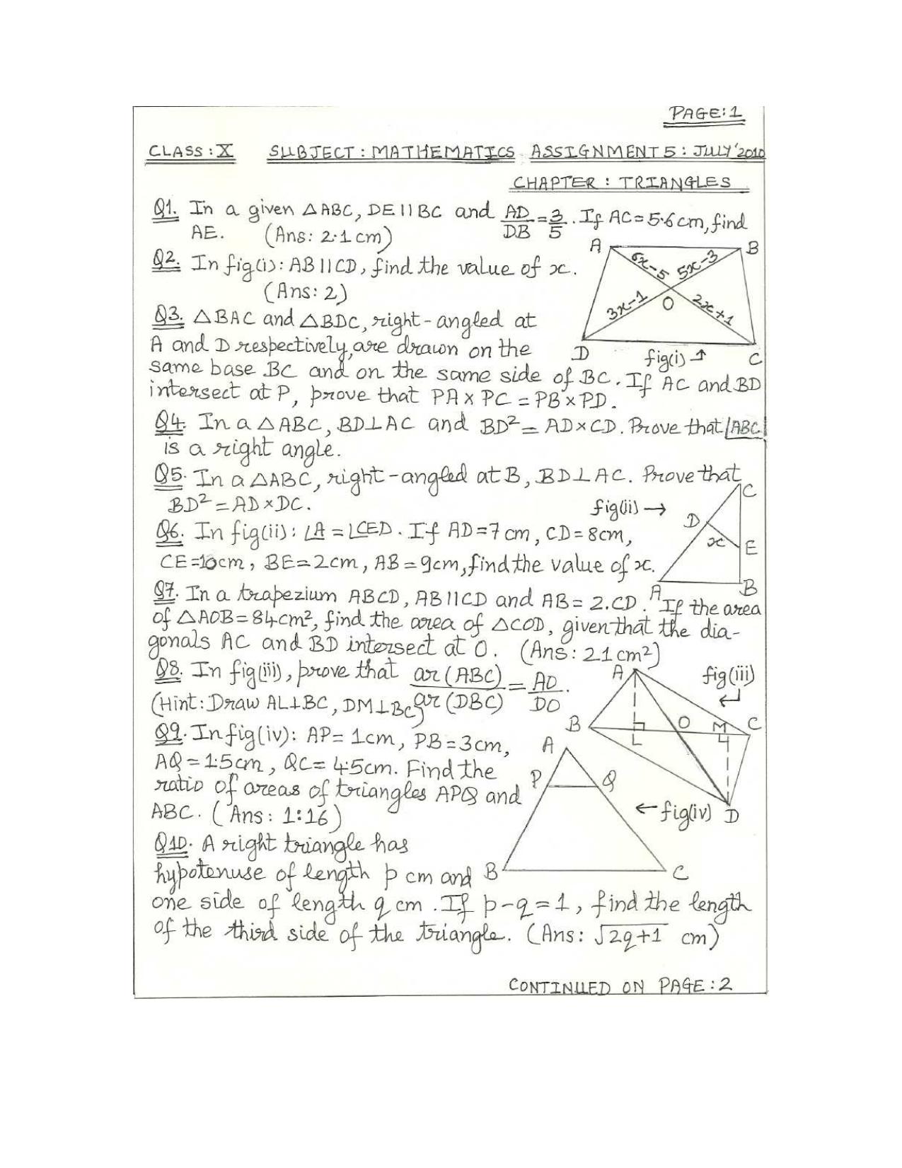 CBSE Worksheets for Class 10 Maths Triangles Assignment 6 - Page 1