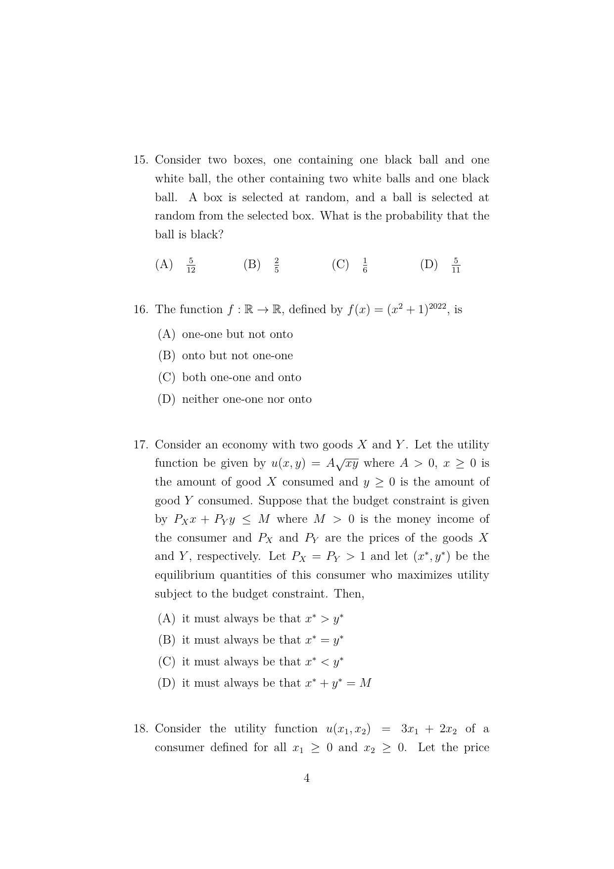 ISI Admission Test M.S.(QE) - Quantitative Economics (PEA) 2023 Sample Paper - Page 4