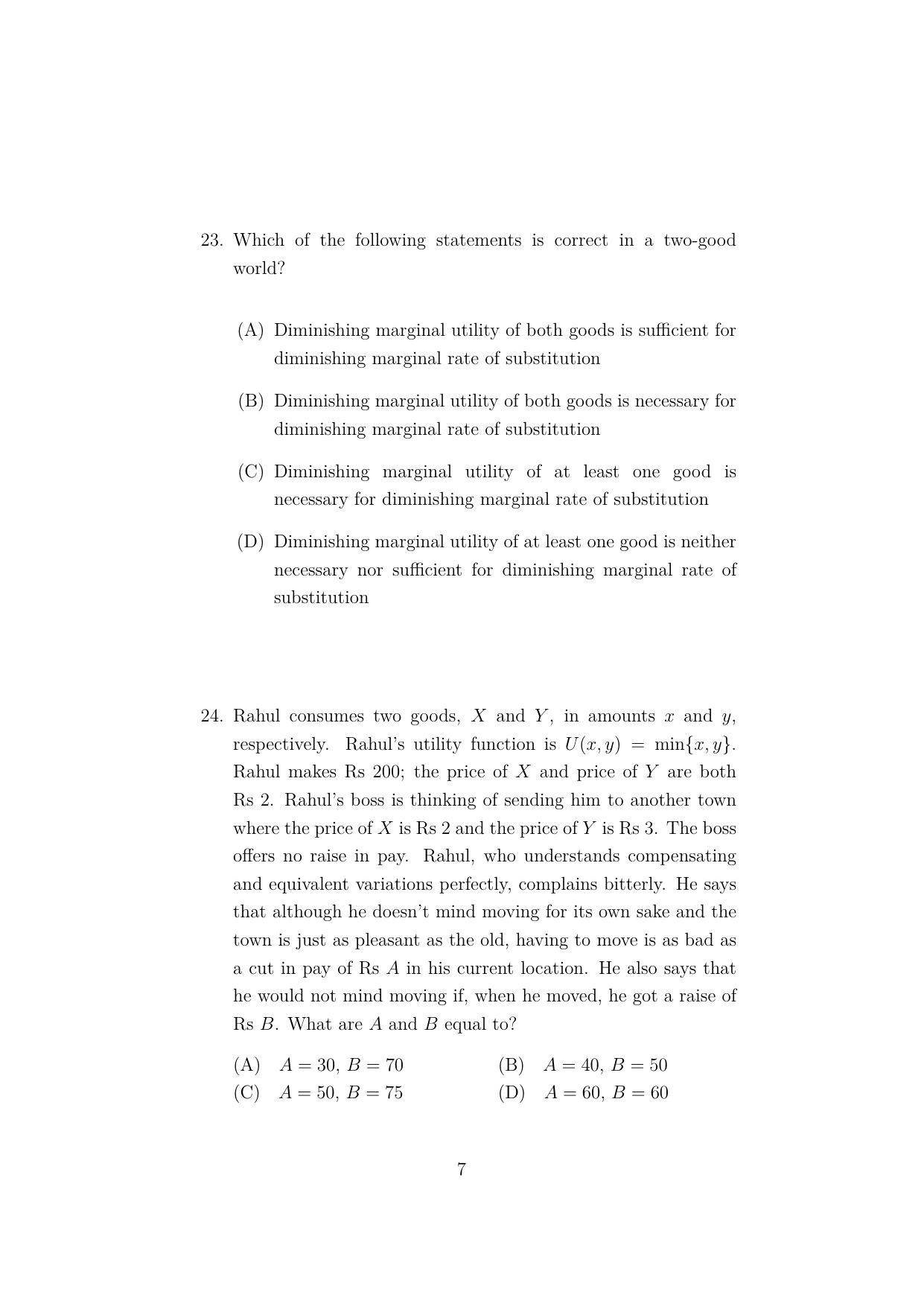 ISI Admission Test M.S.(QE) - Quantitative Economics (PEA) 2023 Sample Paper - Page 7