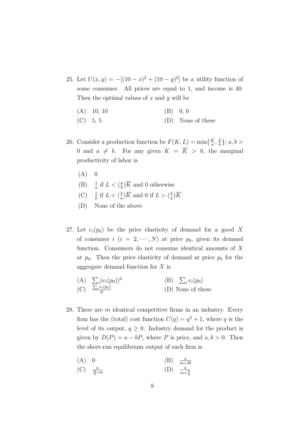 ISI Admission Test M.S.(QE) - Quantitative Economics (PEA) 2023 Sample Paper - Page 8