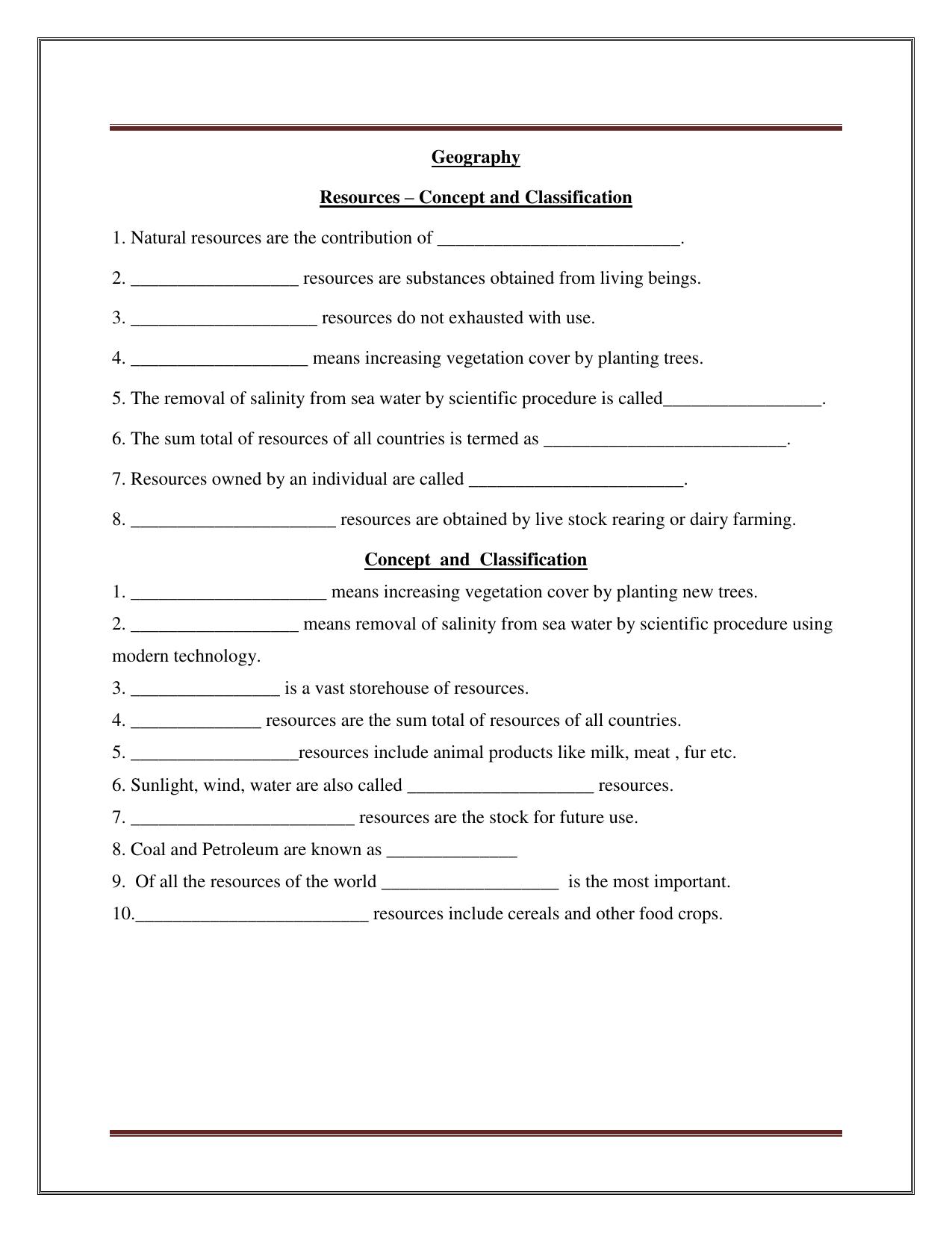 CBSE Worksheets for Class 8 Social Science Resources Concept and Classification Assignment - Page 1
