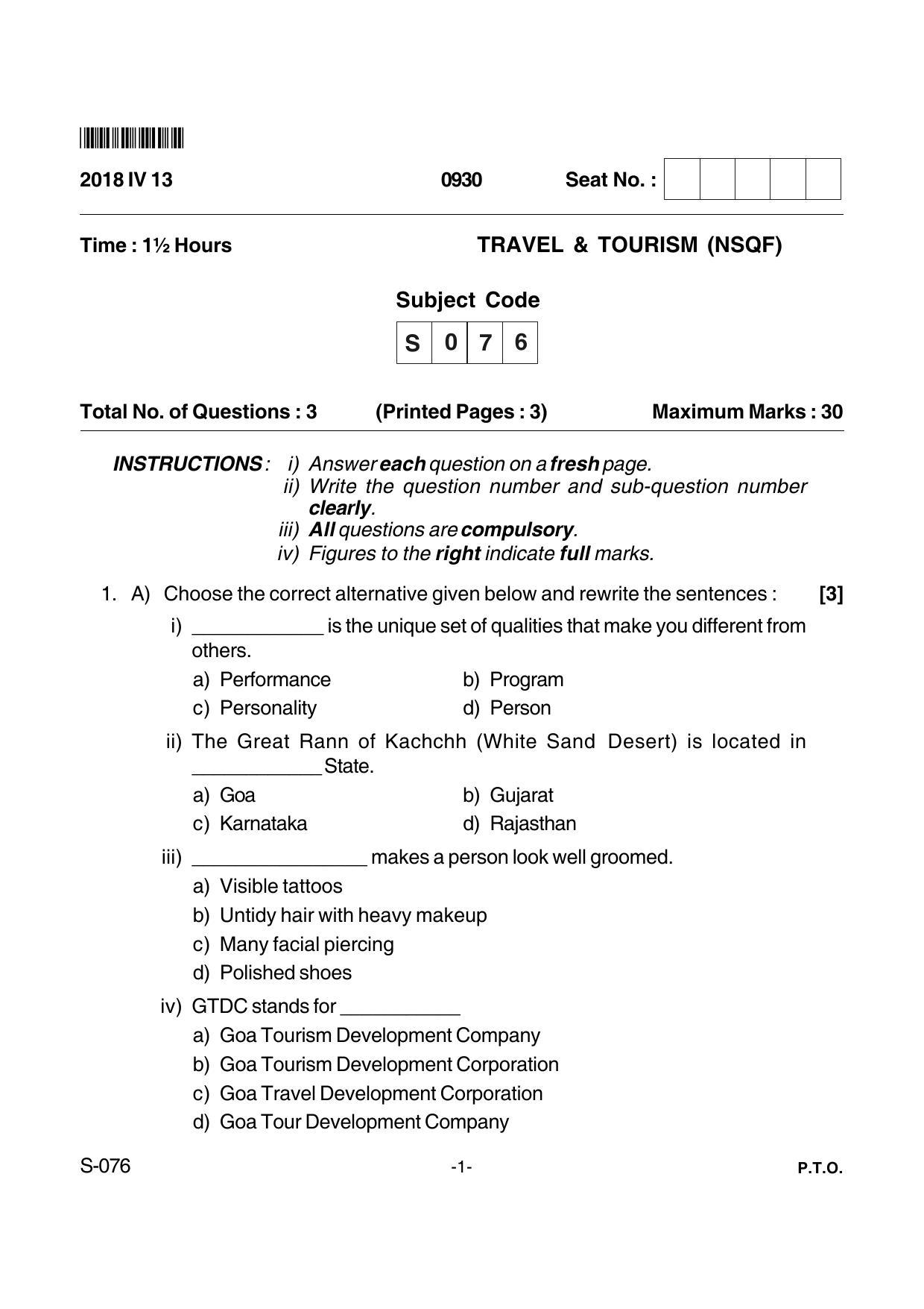 Goa Board Class 10 Travel & Tourism  076 Nsqf (April 2018) Question Paper - Page 1