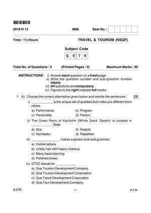 Goa Board Class 10 Travel & Tourism  076 Nsqf (April 2018) Question Paper