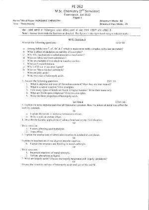 Bilaspur University Question Paper June 2022:M.Sc. Chemistry (Second Semester) Inorganic Chemistry Paper 1