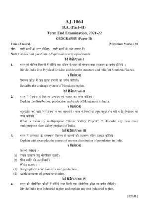 Bilaspur University Question Paper 2021-2022:B.A. Part-II (Two) Geography Paper 2