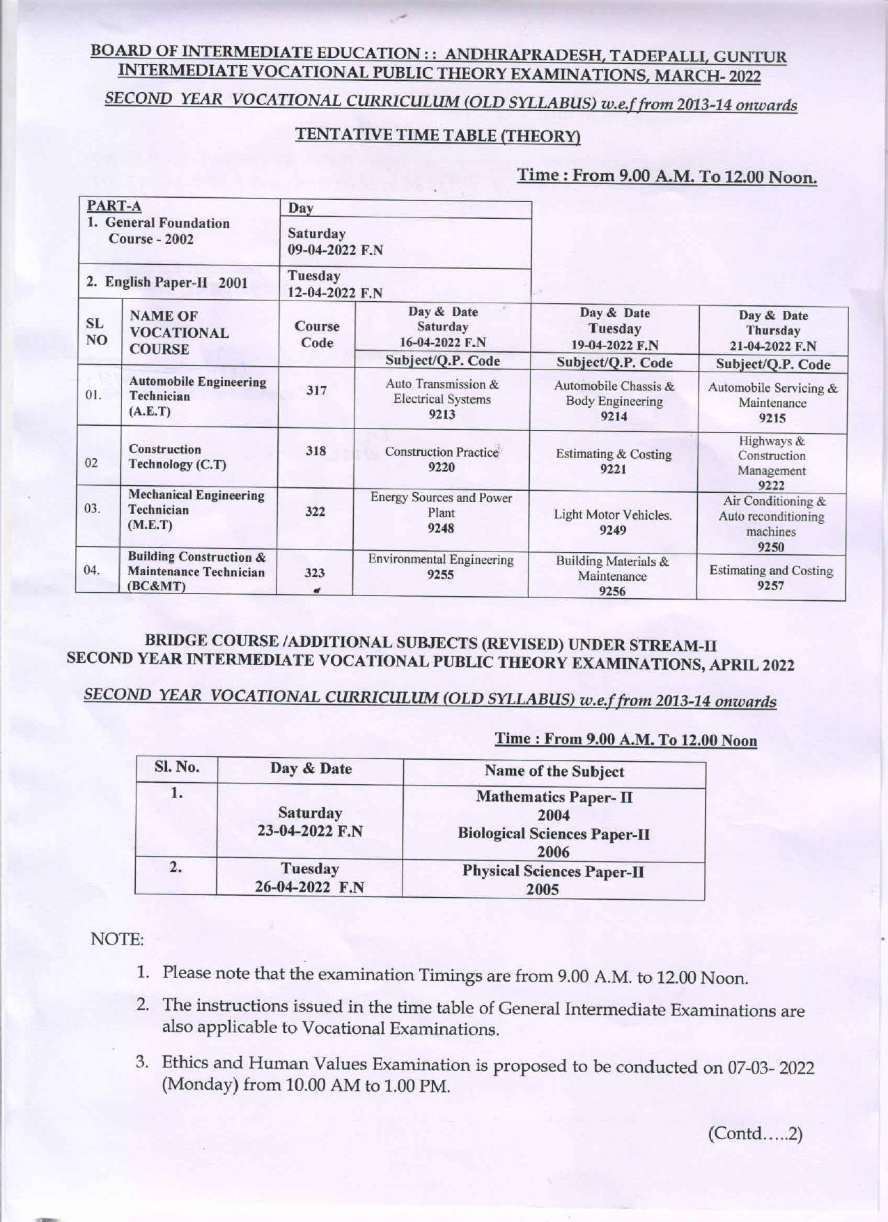 AP Intermediate 2nd Year Vocational Time Table 2022 (Old Syllabus) - Page 1