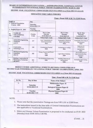 AP Intermediate 2nd Year Vocational Time Table 2022 (Old Syllabus)