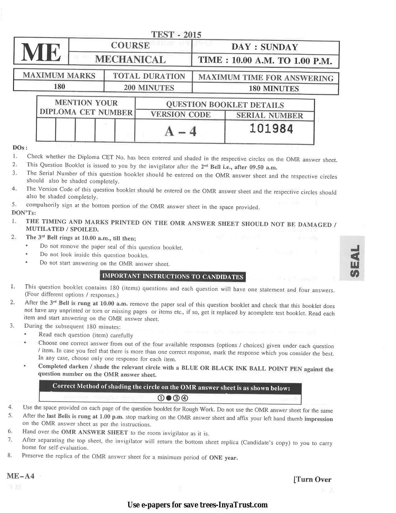 Karnataka Diploma CET- 2015 Mechanical Engineering Question Paper - Page 1