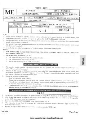 Karnataka Diploma CET- 2015 Mechanical Engineering Question Paper