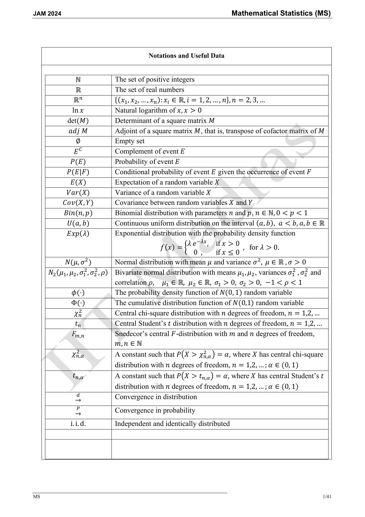 IIT JAM 2024 Mathematical Statistics (MS) Master Question Paper - Page 1