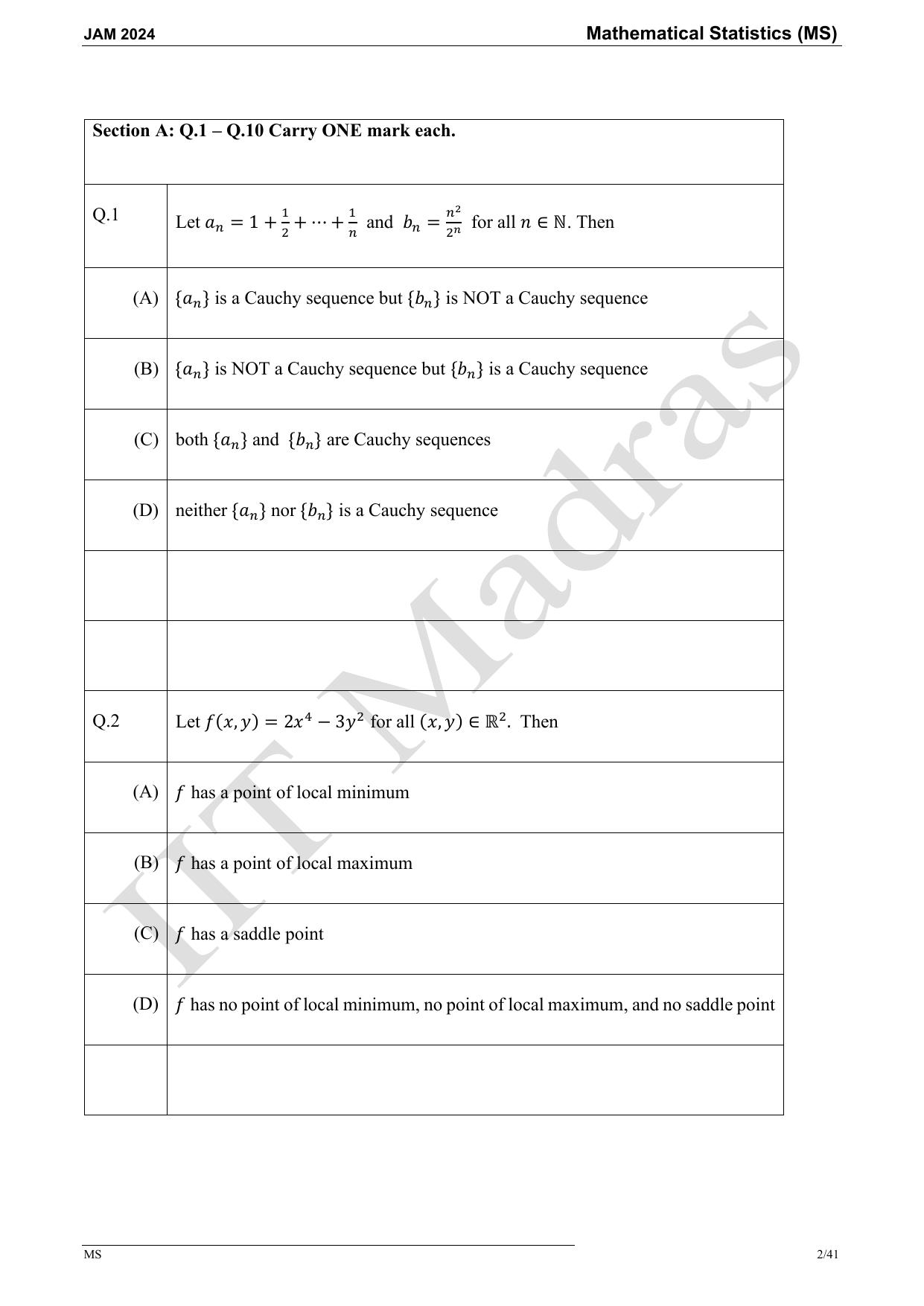IIT JAM 2024 Mathematical Statistics (MS) Master Question Paper - Page 2