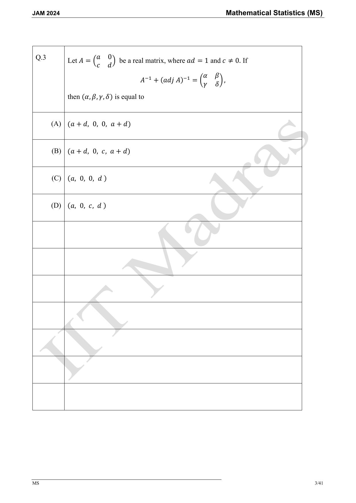 IIT JAM 2024 Mathematical Statistics (MS) Master Question Paper - Page 3