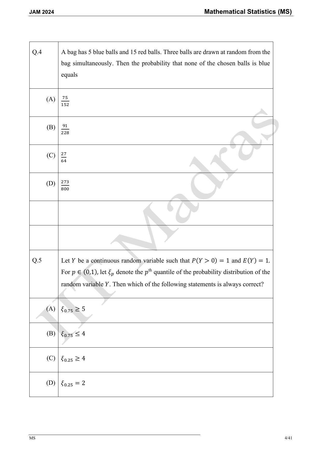 IIT JAM 2024 Mathematical Statistics (MS) Master Question Paper - Page 4