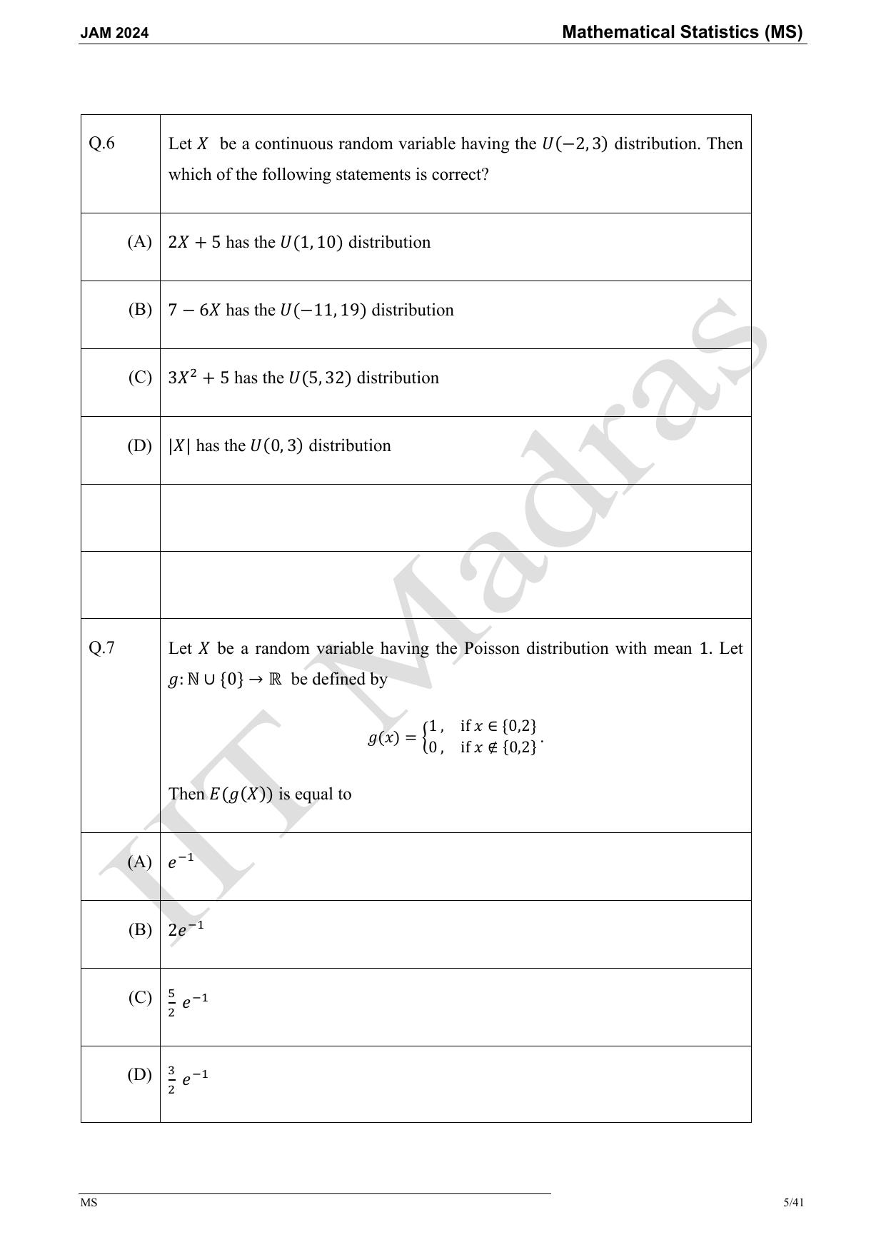 IIT JAM 2024 Mathematical Statistics (MS) Master Question Paper - Page 5