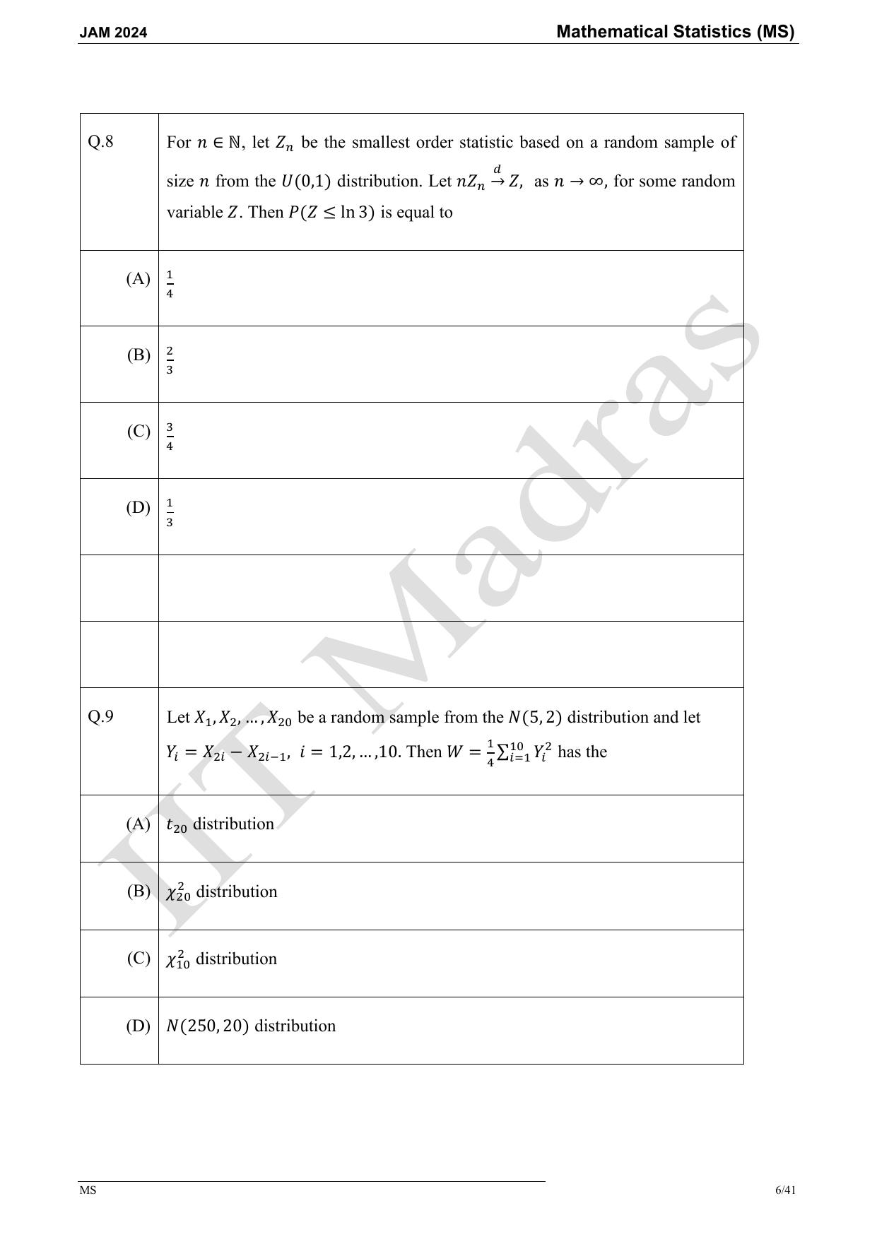 IIT JAM 2024 Mathematical Statistics (MS) Master Question Paper - Page 6