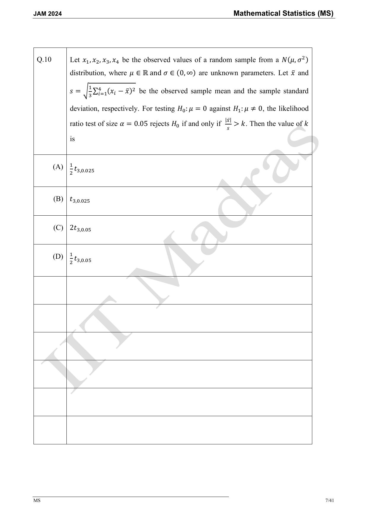 IIT JAM 2024 Mathematical Statistics (MS) Master Question Paper - Page 7