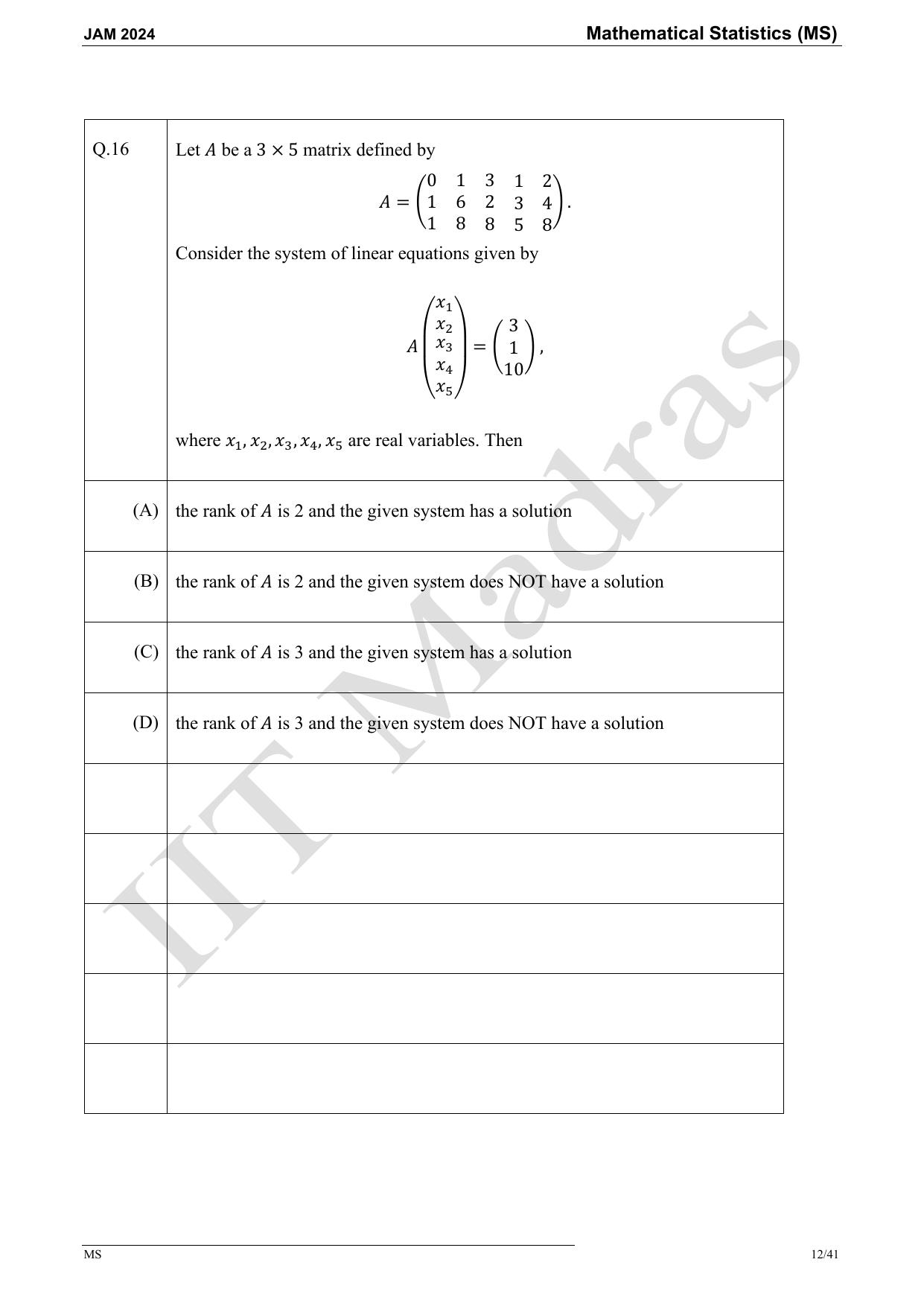IIT JAM 2024 Mathematical Statistics (MS) Master Question Paper - Page 12