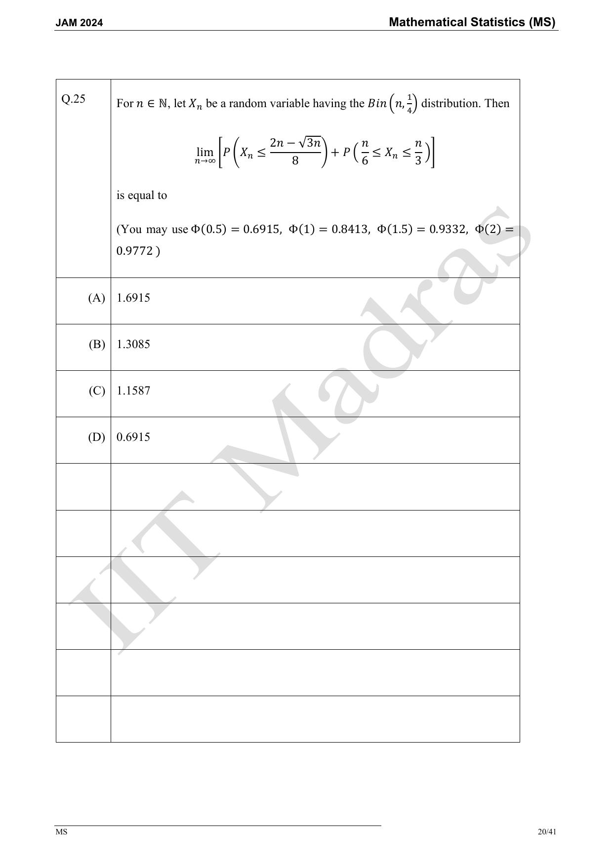 IIT JAM 2024 Mathematical Statistics (MS) Master Question Paper - Page 20