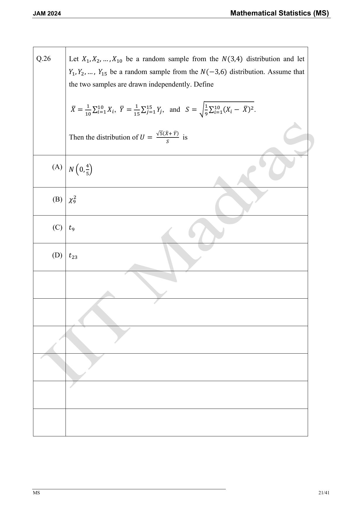 IIT JAM 2024 Mathematical Statistics (MS) Master Question Paper - Page 21