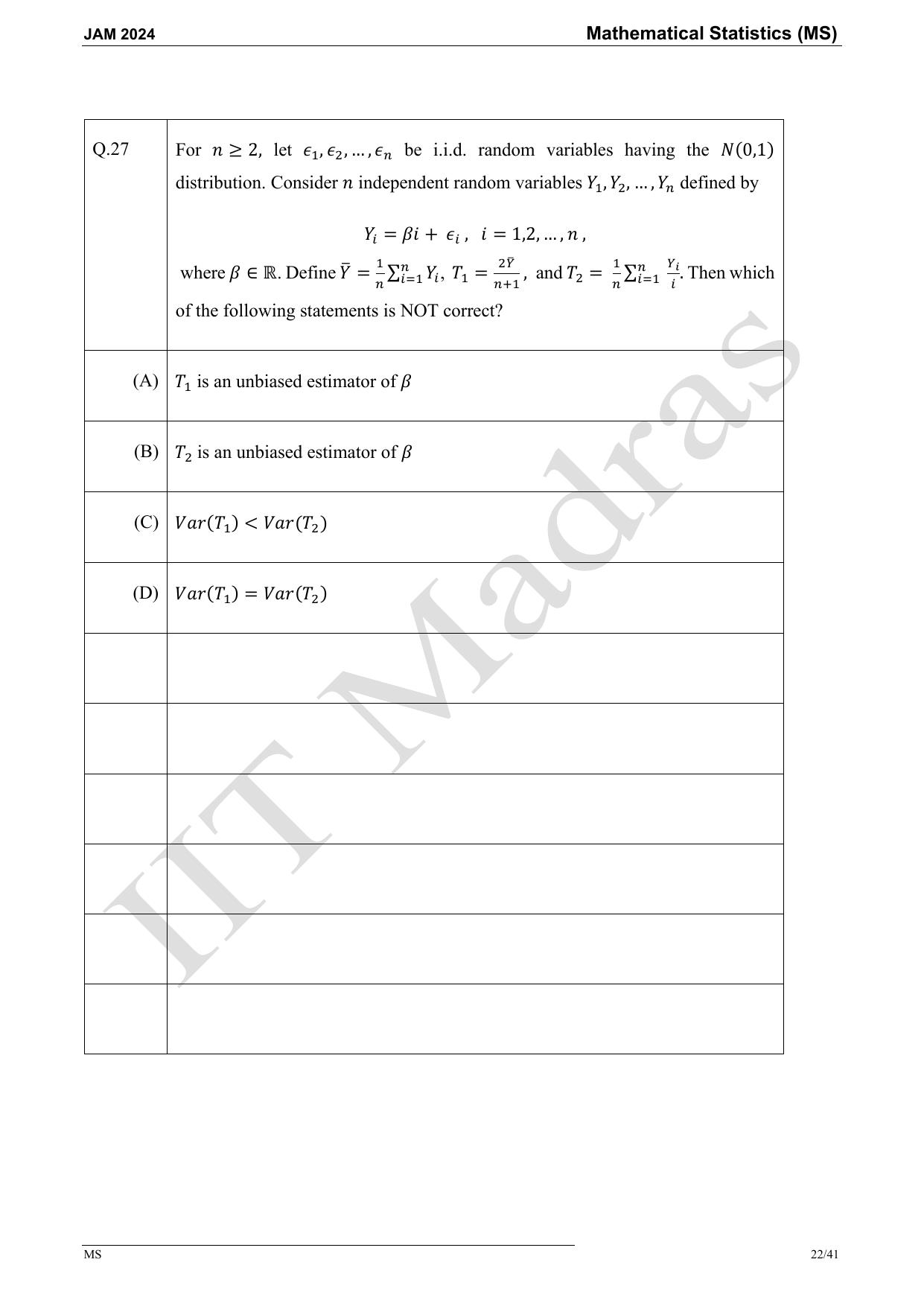 IIT JAM 2024 Mathematical Statistics (MS) Master Question Paper - Page 22