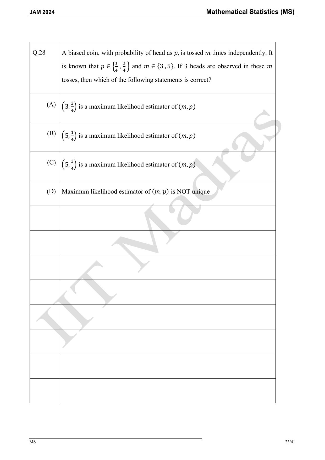 IIT JAM 2024 Mathematical Statistics (MS) Master Question Paper - Page 23