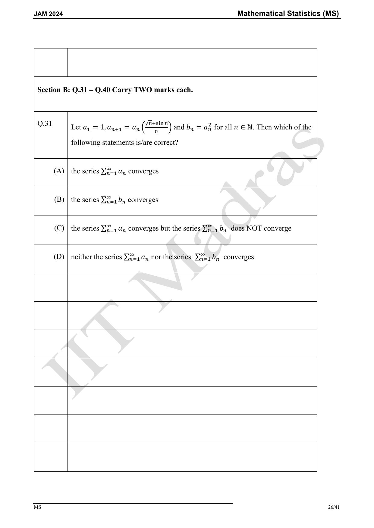 IIT JAM 2024 Mathematical Statistics (MS) Master Question Paper - Page 26