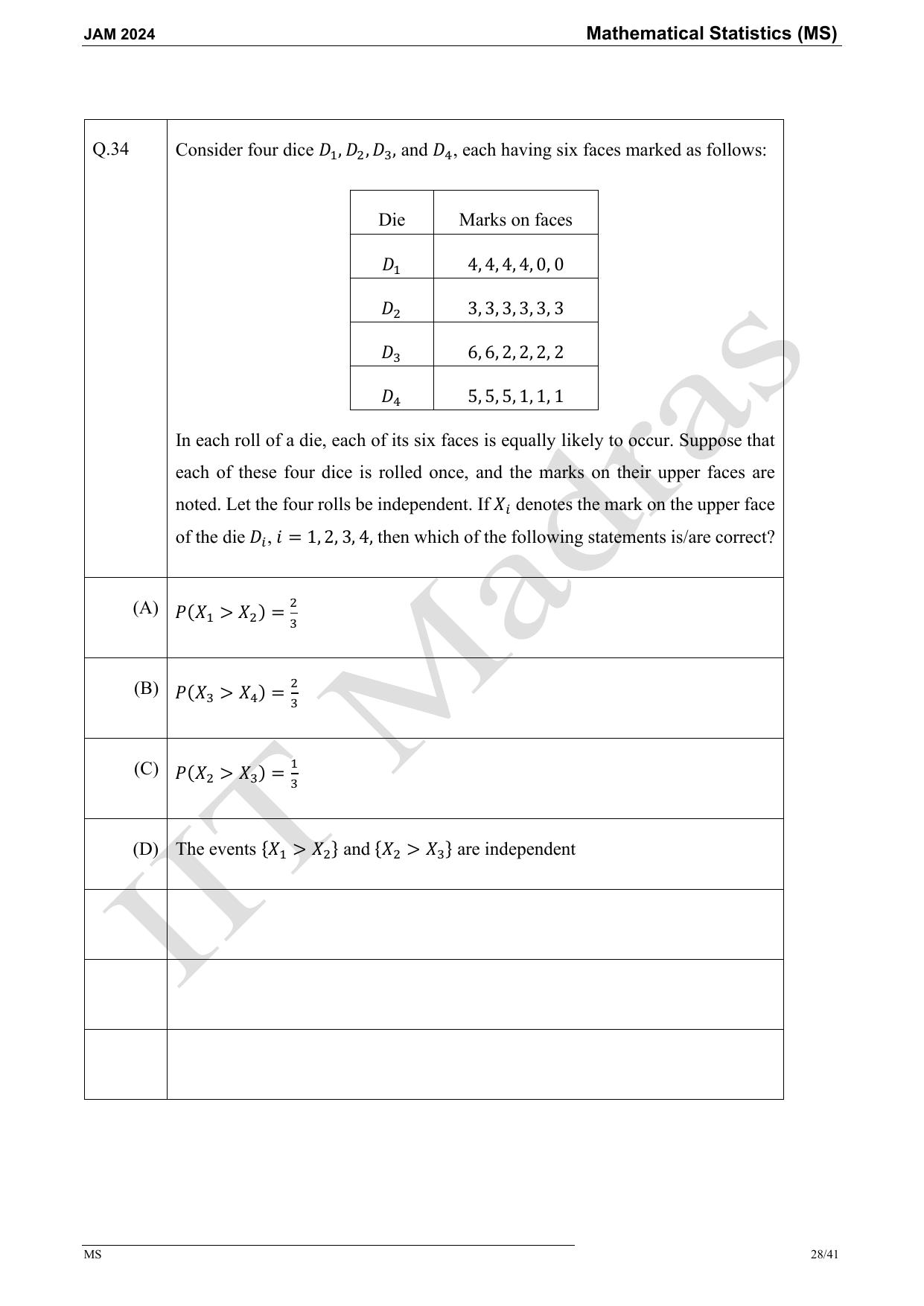 IIT JAM 2024 Mathematical Statistics (MS) Master Question Paper - Page 28