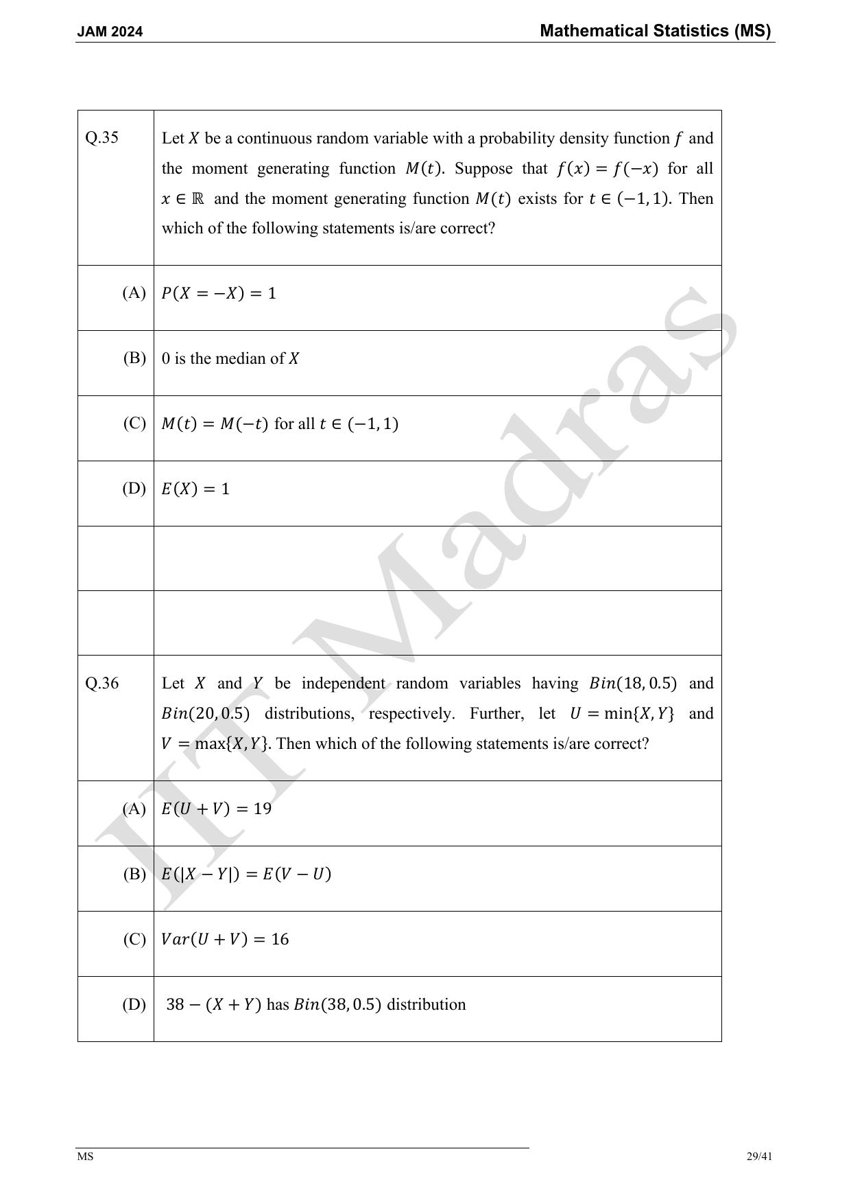 IIT JAM 2024 Mathematical Statistics (MS) Master Question Paper - Page 29