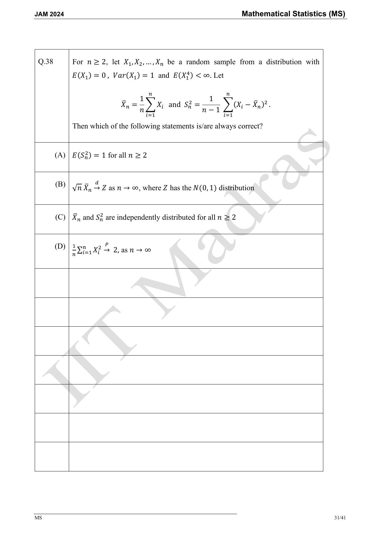 IIT JAM 2024 Mathematical Statistics (MS) Master Question Paper - Page 31