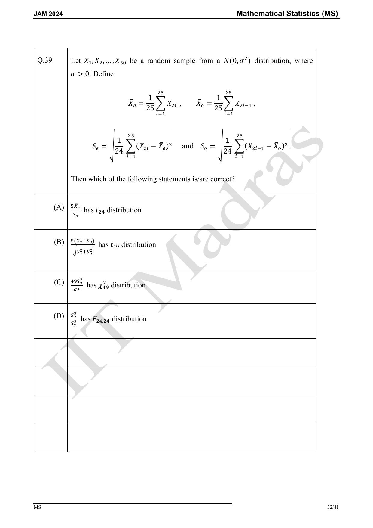 IIT JAM 2024 Mathematical Statistics (MS) Master Question Paper - Page 32