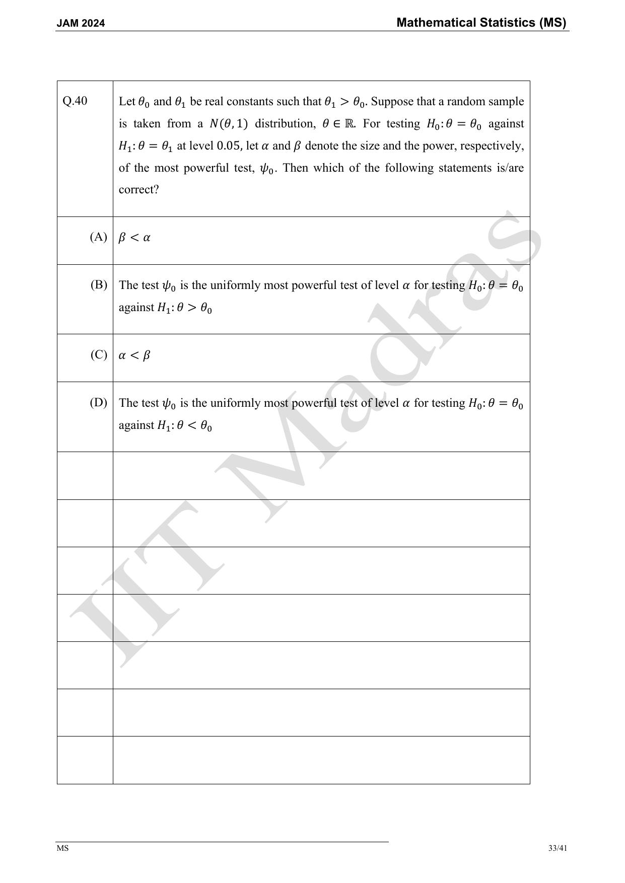 IIT JAM 2024 Mathematical Statistics (MS) Master Question Paper - Page 33