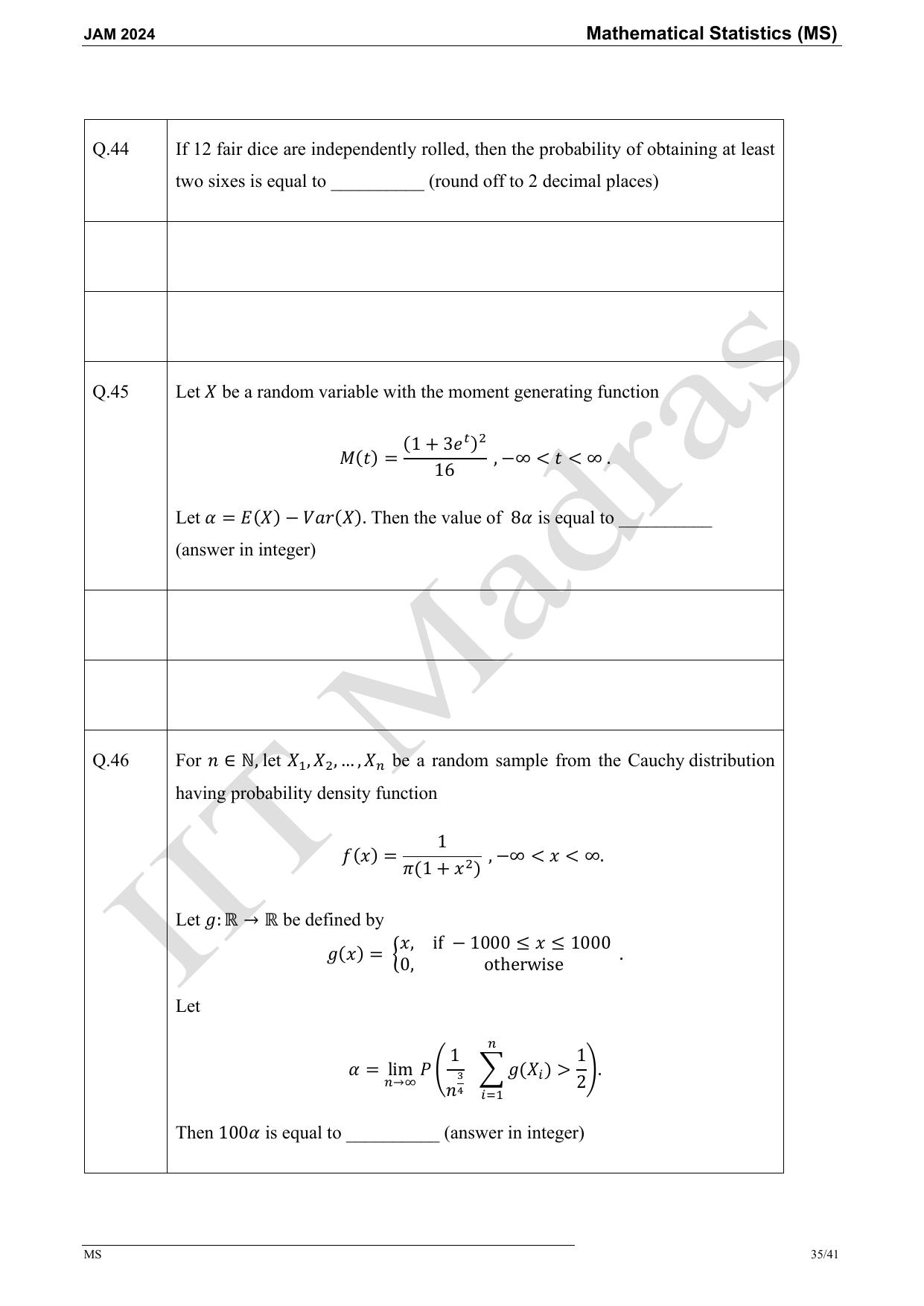 IIT JAM 2024 Mathematical Statistics (MS) Master Question Paper - Page 35