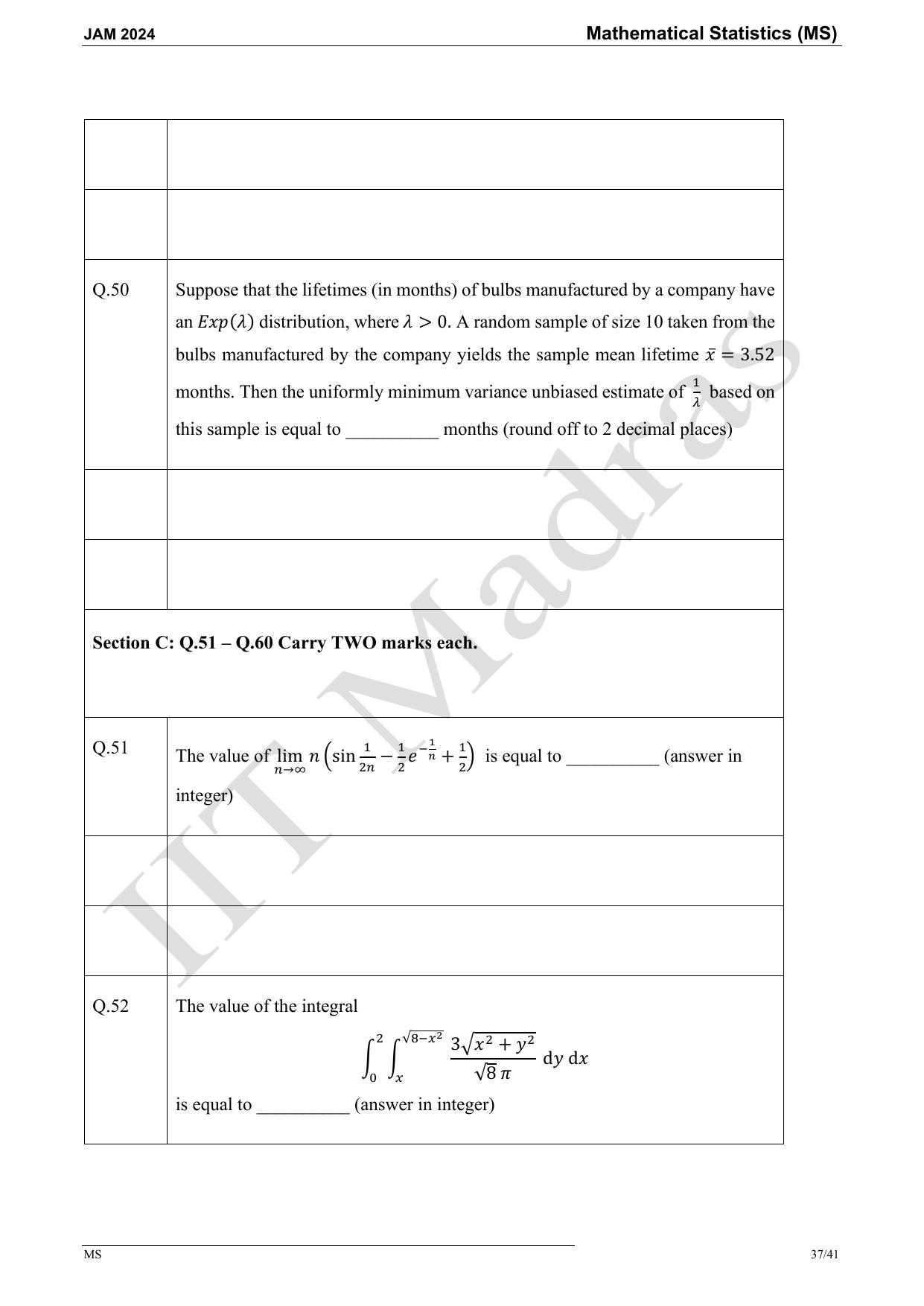 IIT JAM 2024 Mathematical Statistics (MS) Master Question Paper - Page 37