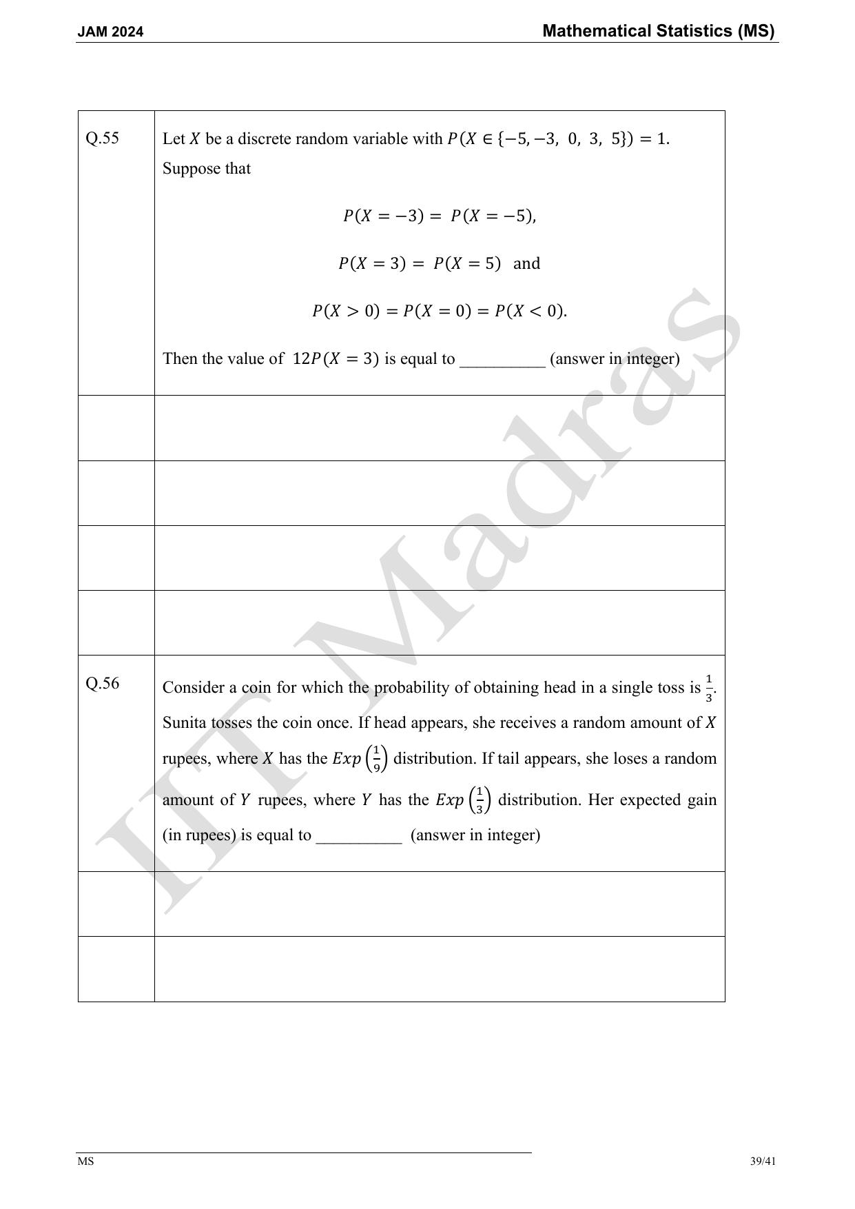 IIT JAM 2024 Mathematical Statistics (MS) Master Question Paper - Page 39