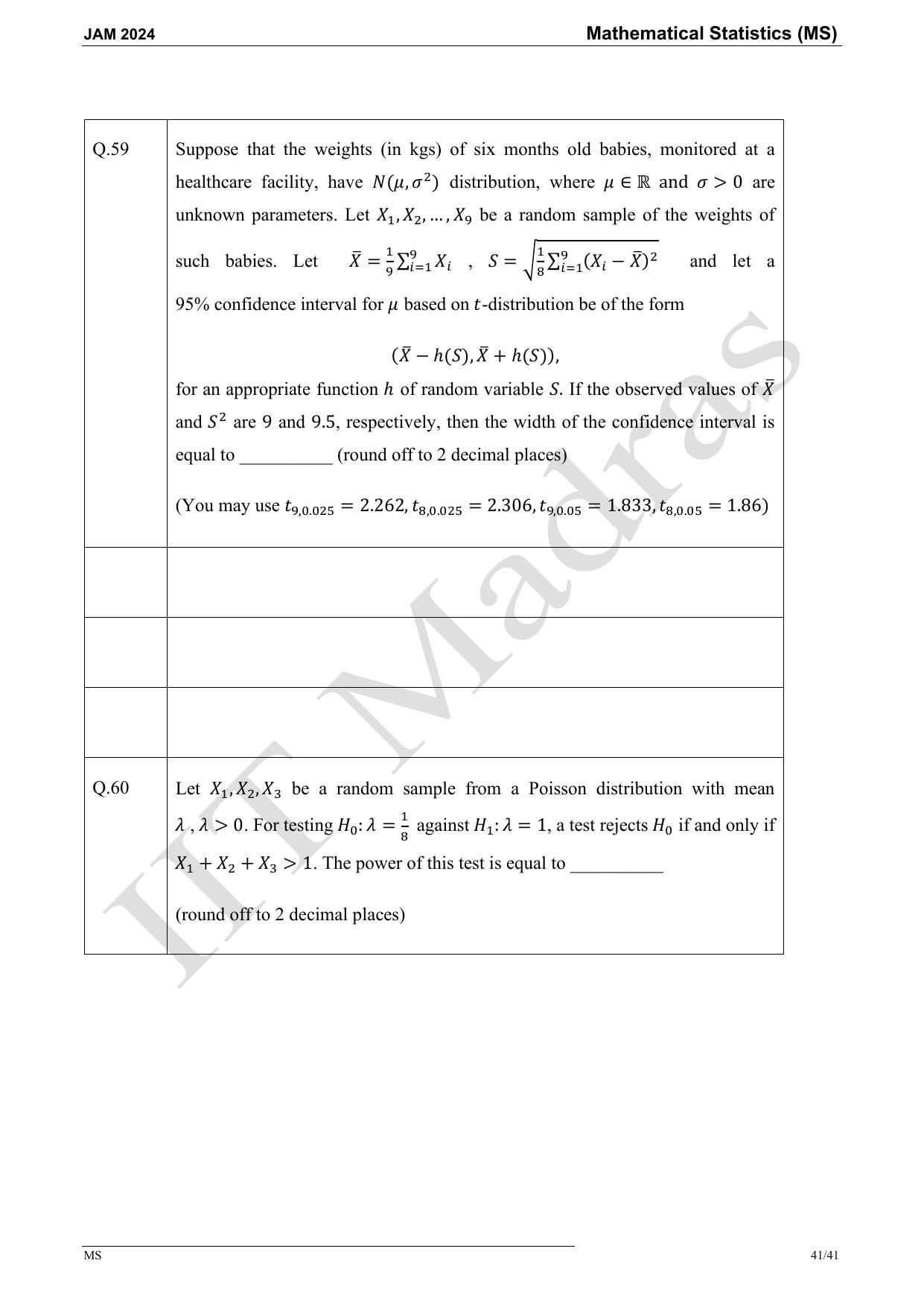 IIT JAM 2024 Mathematical Statistics (MS) Master Question Paper - Page 41