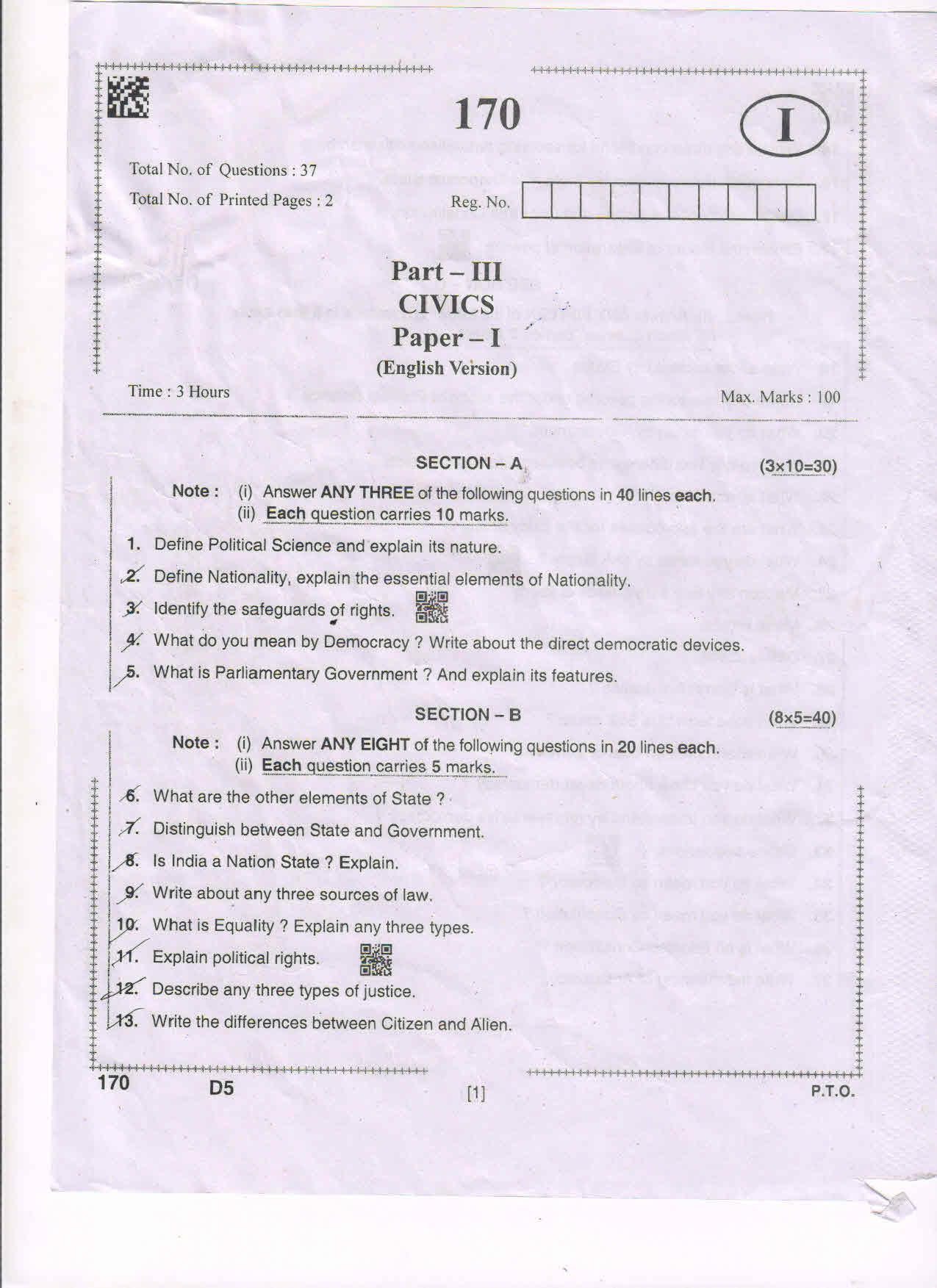 AP Inter 1st Year Civics-I (EM) May-2021-General Question Paper - Page 1