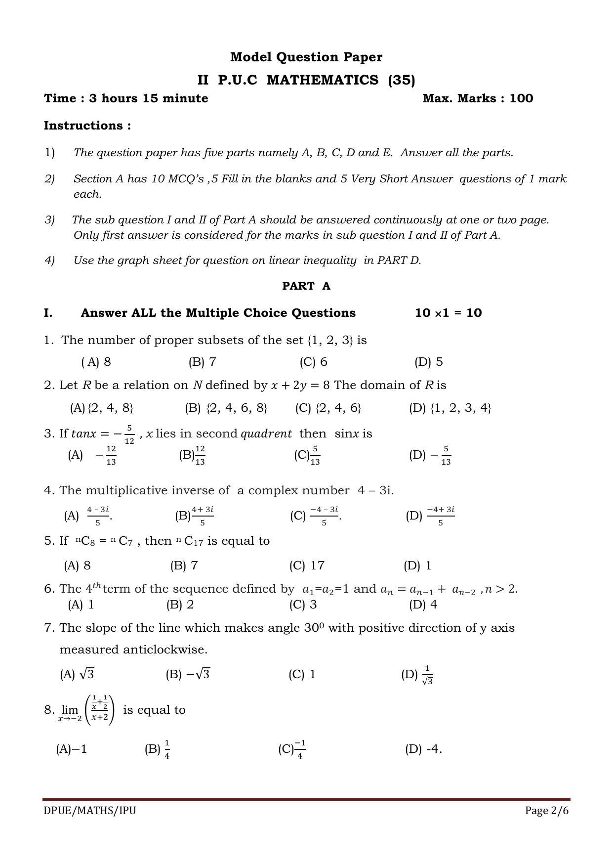 Karnataka 1st PUC MATHS Model Question Paper - Page 2