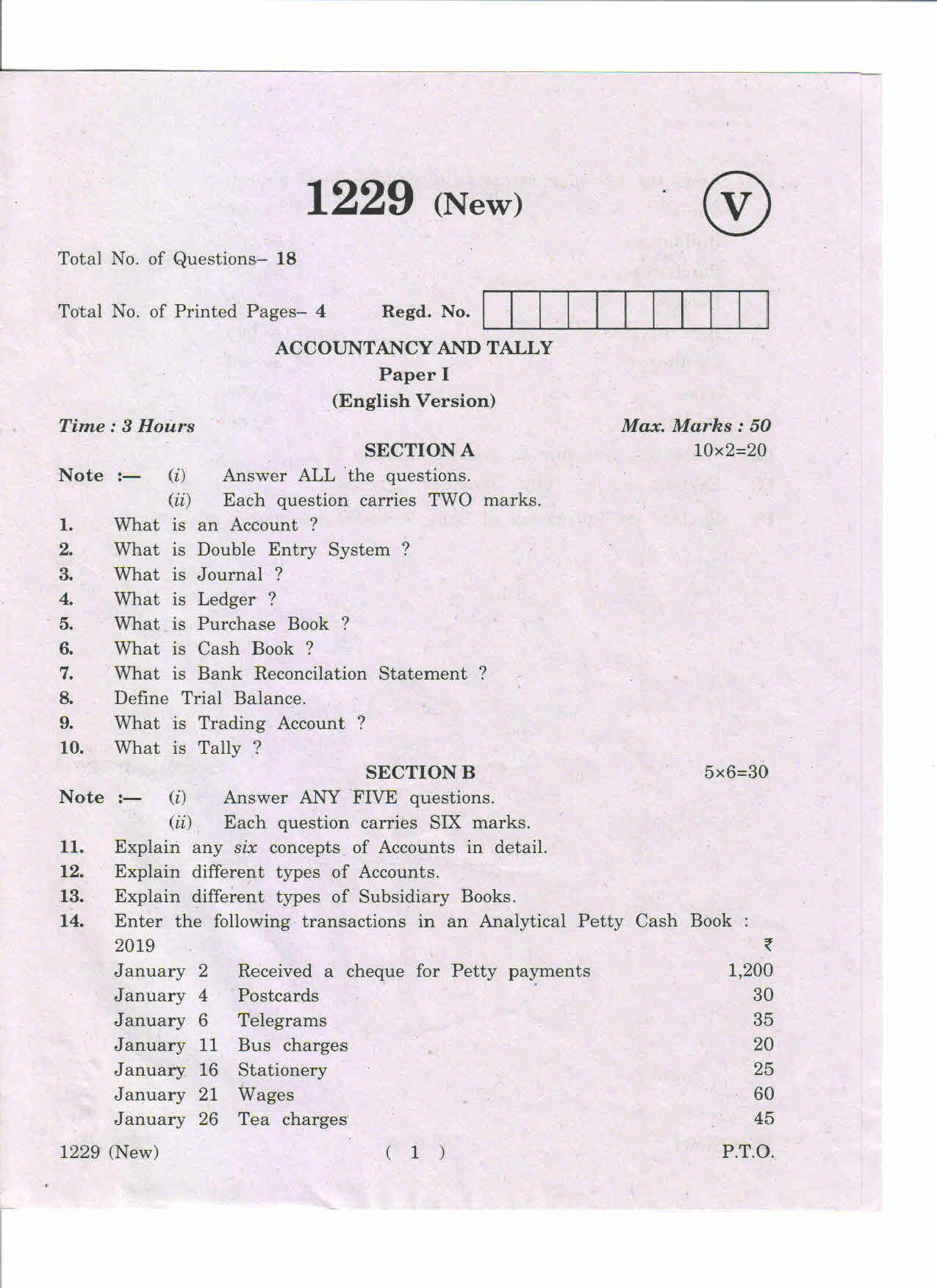 AP Inter 1st Year Accountancy and Tally-I (New) March-2019-Vocational Question Paper - Page 1