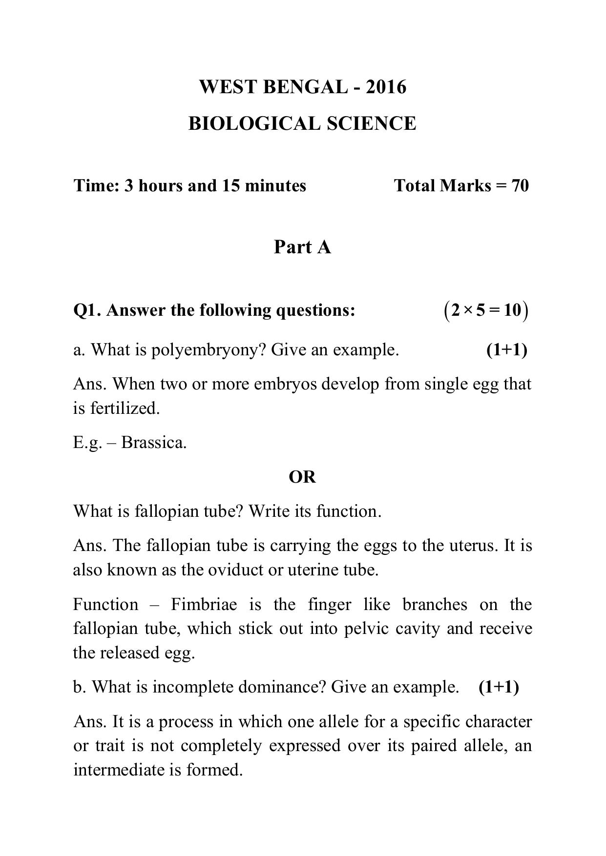 West Bengal Board Class 12 Biology Science 2016 Question Paper - Page 1